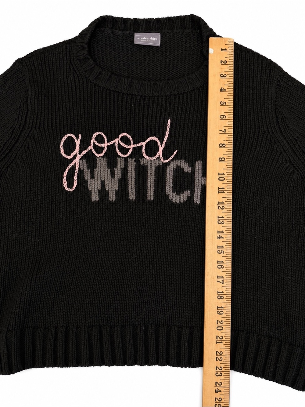 Good Witch Black Sweater Wooden Ship M/L Mohair Wool Acrylic Pink Gray Crew SOFT - Picture 7 of 7